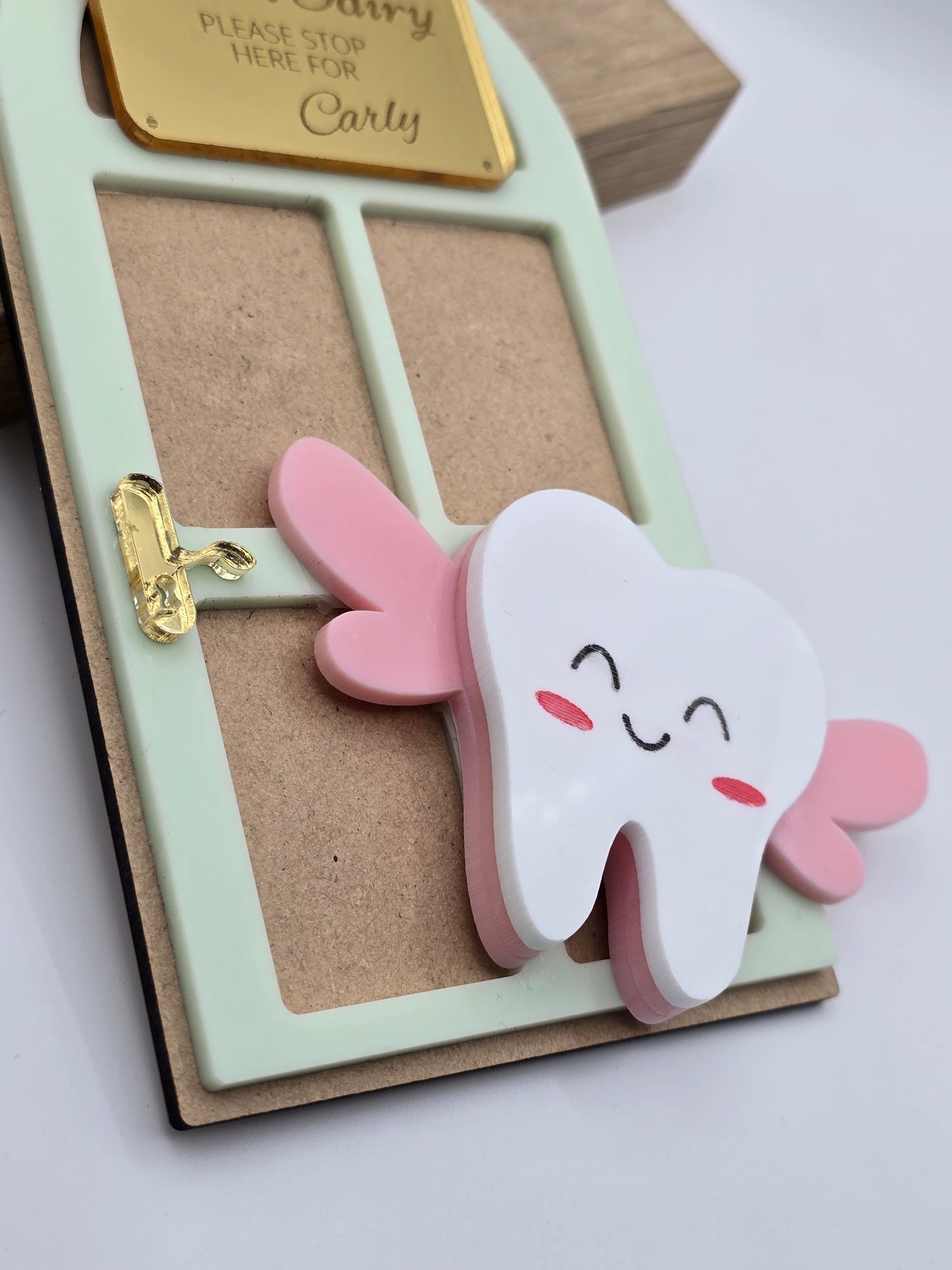 Custom Tooth Fairy Door Name Sign keychain by PeppaTree Designs, featuring a personalized name tag for tooth fairy doors.