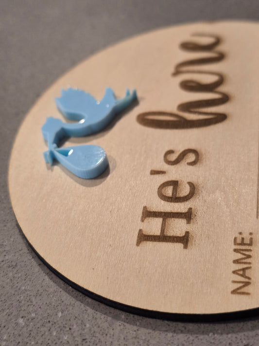 He's here or She's here Stork Baby Announcement Disc