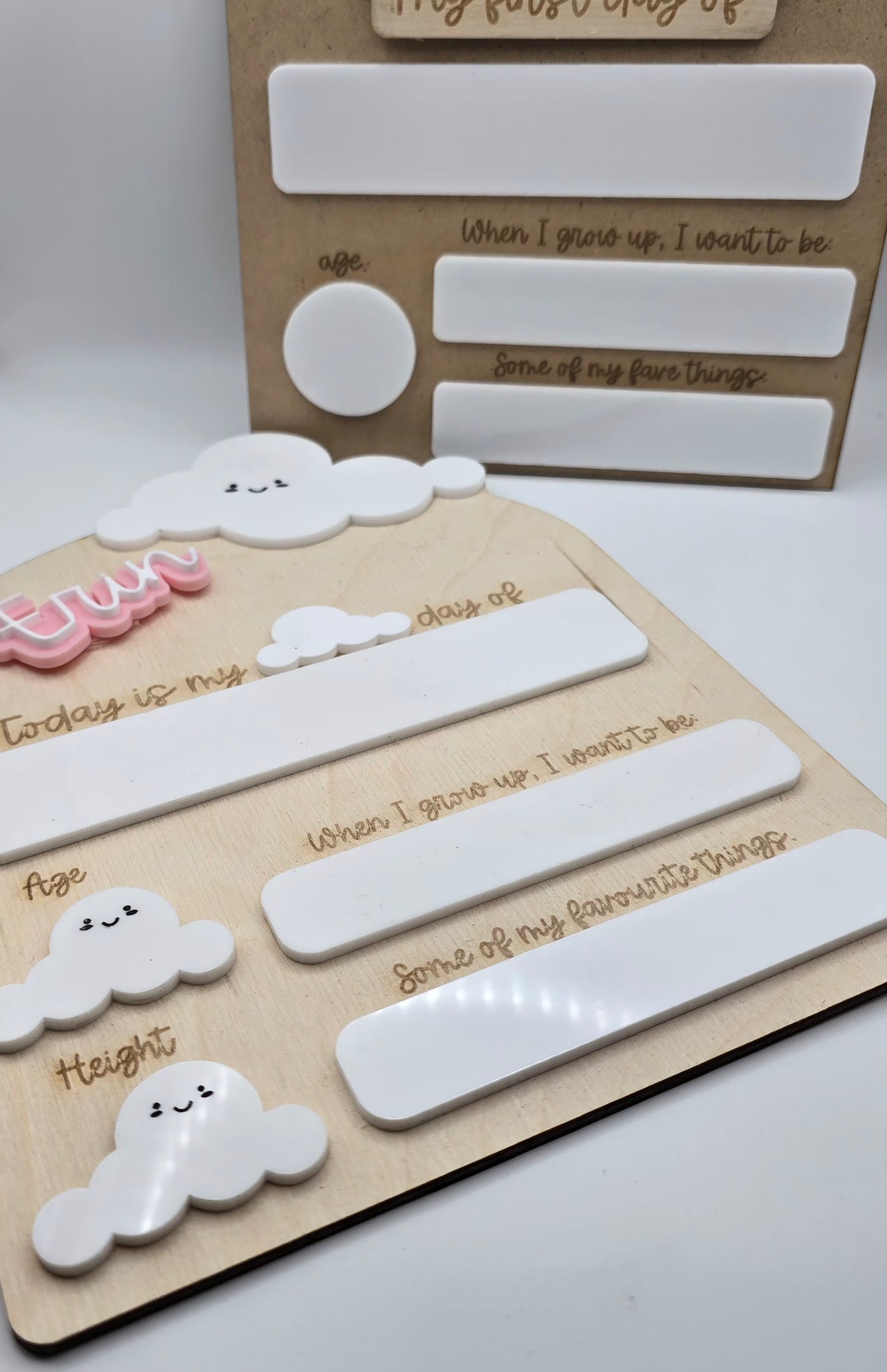 Personalised PeppaTree Designs cloud-shaped first day of school board, reusable milestone photo prop for children.
