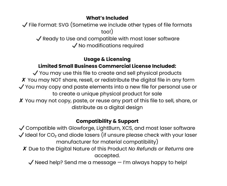 Text detailing file format, usage, licensing, compatibility, and support information on a white background.