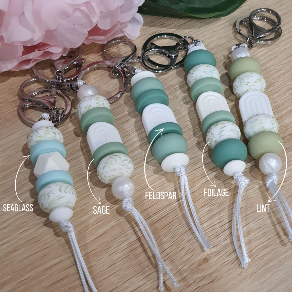 Sage Green Garden Collection Boho Arch Beaded Keyring | Handmade Keyrings Id Holders Lanyards - PeppaTree Design Store