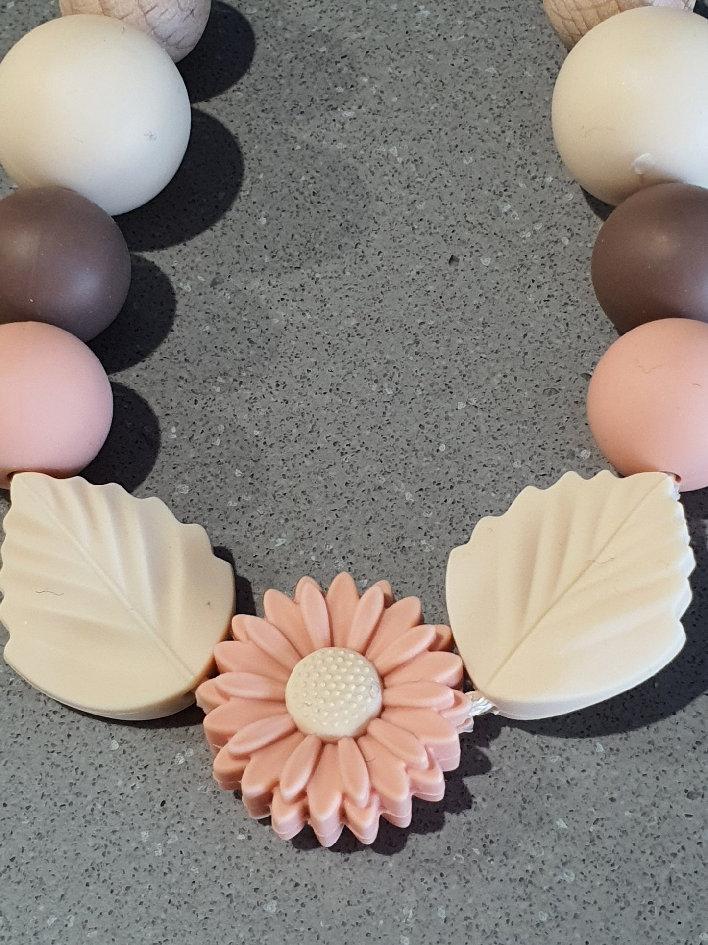 Daisy and Leaf Silicone Bead Necklace in Cream, Peach and Cocoa Brown | Handmade Necklace - PeppaTree Design Store