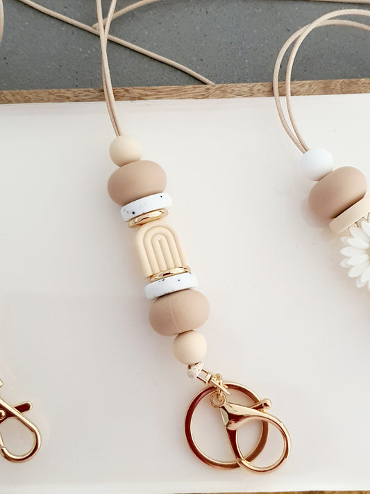 Rainbow Arch Cream Teacher Lanyard | Nude White Tones Silicone Beaded Lanyard | Boho Design | Bag Tag Keyring - PeppaTree Design Store