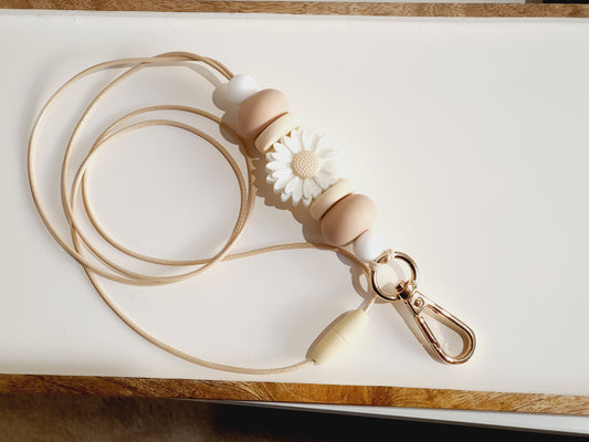 Daisy Teacher Lanyard | Nude White Tones Silicone Beaded Lanyard | Boho Design - PeppaTree Design Store