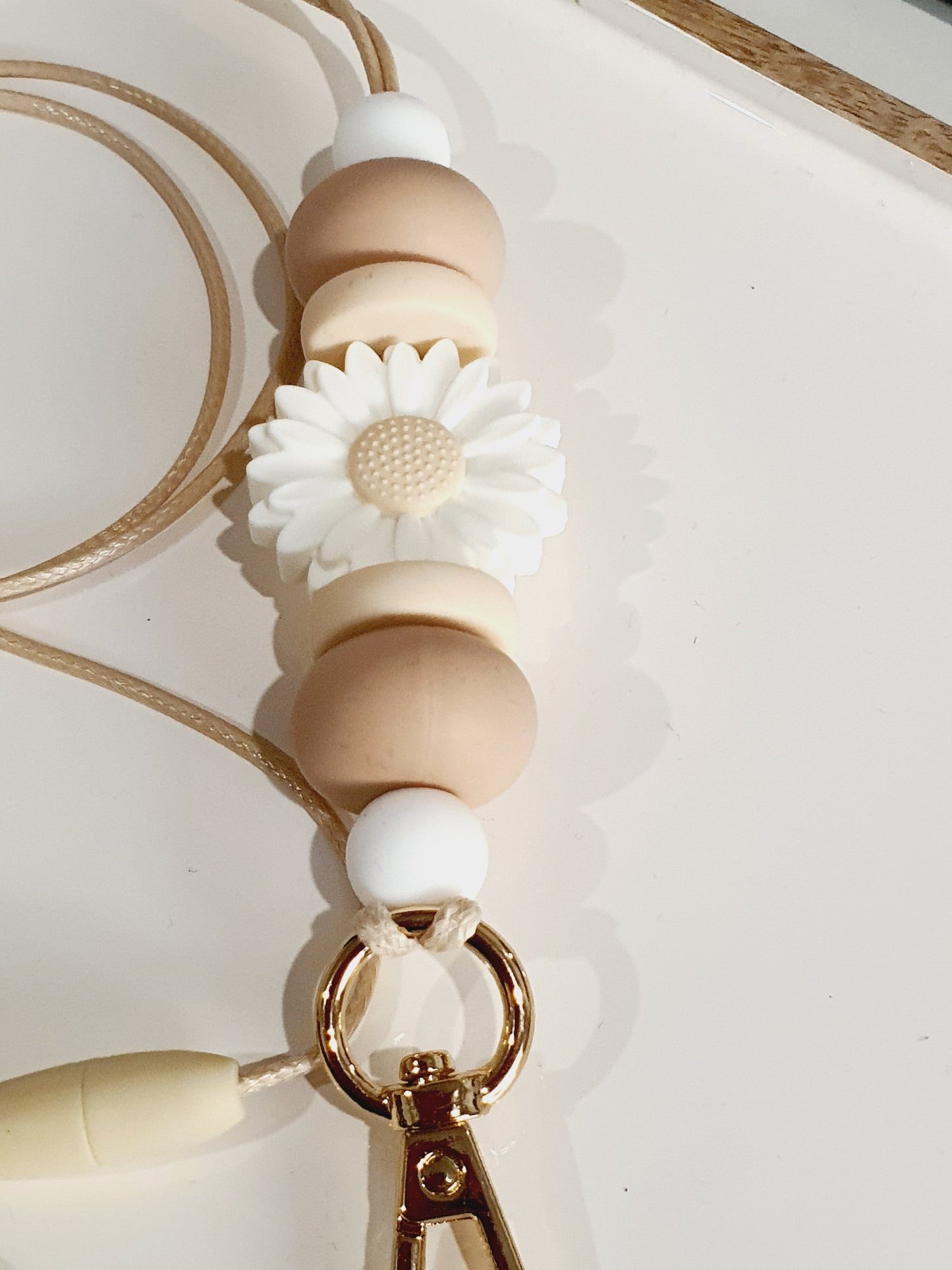 Daisy Teacher Lanyard | Nude White Tones Silicone Beaded Lanyard | Boho Design - PeppaTree Design Store