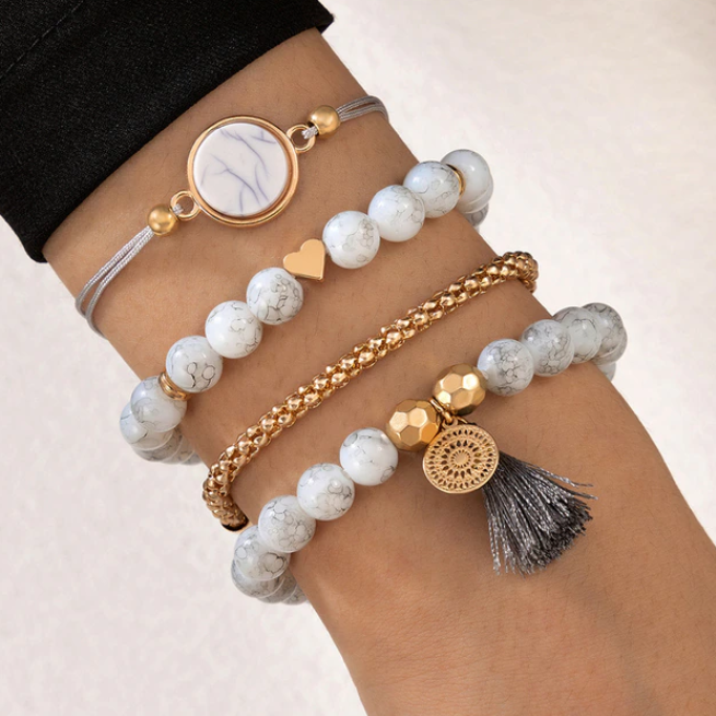 Bohemian Gold and Grey Tassel and Grey Natural Stone Bead Bracelet Set - PeppaTree Design Store