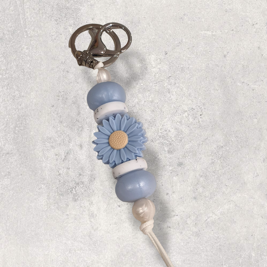 Large Daisy Silicone Beaded Keyring | "Pearl Blue" Collection | Bag Tag Keyring Lanyard - PeppaTree Design Store