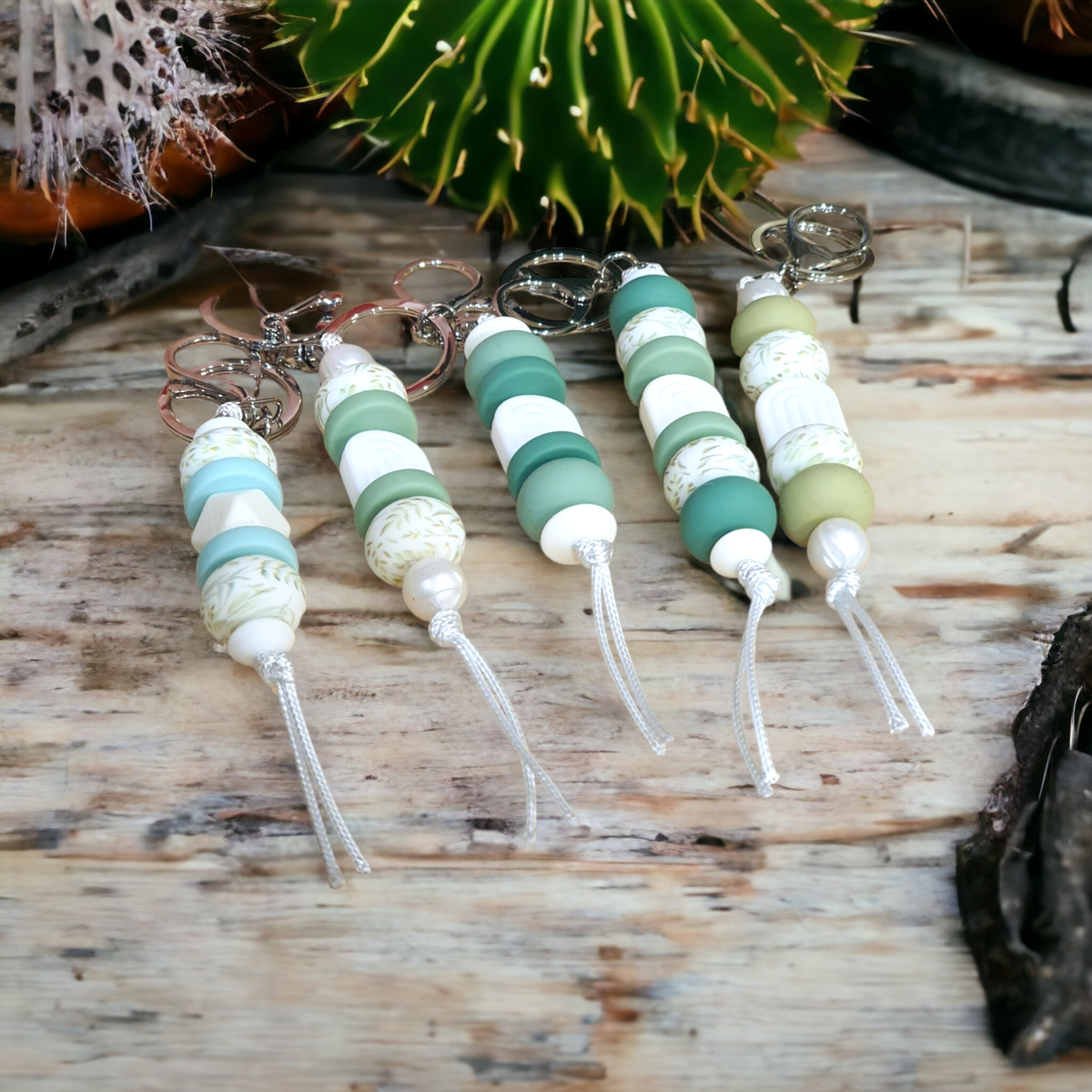 Sage Green Garden Collection Boho Arch Beaded Keyring | Handmade Keyrings Id Holders Lanyards - PeppaTree Design Store