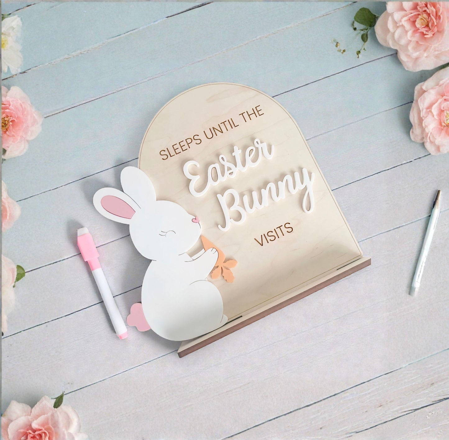 Dry erase Easter Bunny Countdown board by PeppaTree Designs, festive Easter decor featuring a cute bunny illustration.