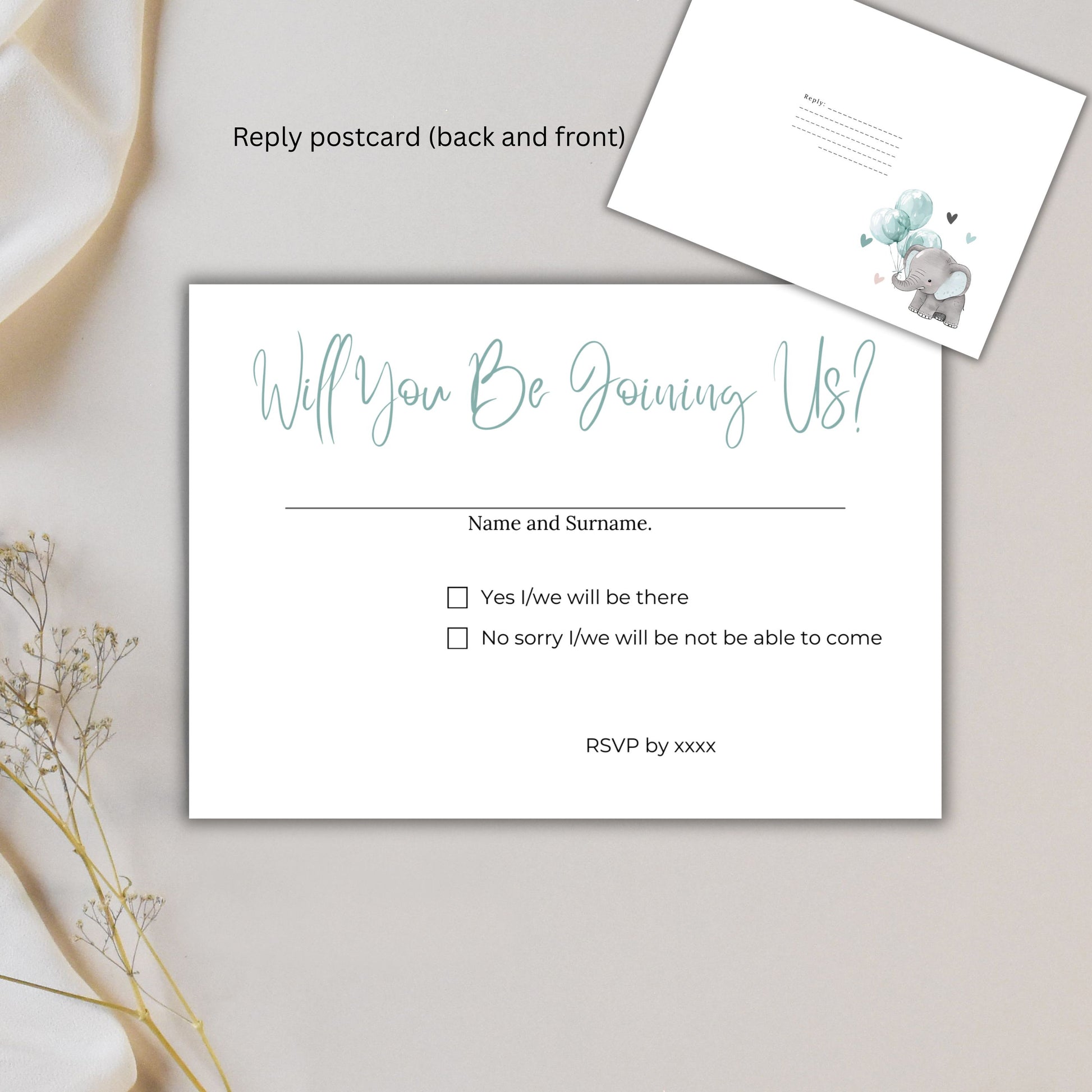 Elephant Baby Shower RSVP Reply Card - PeppaTree Designs