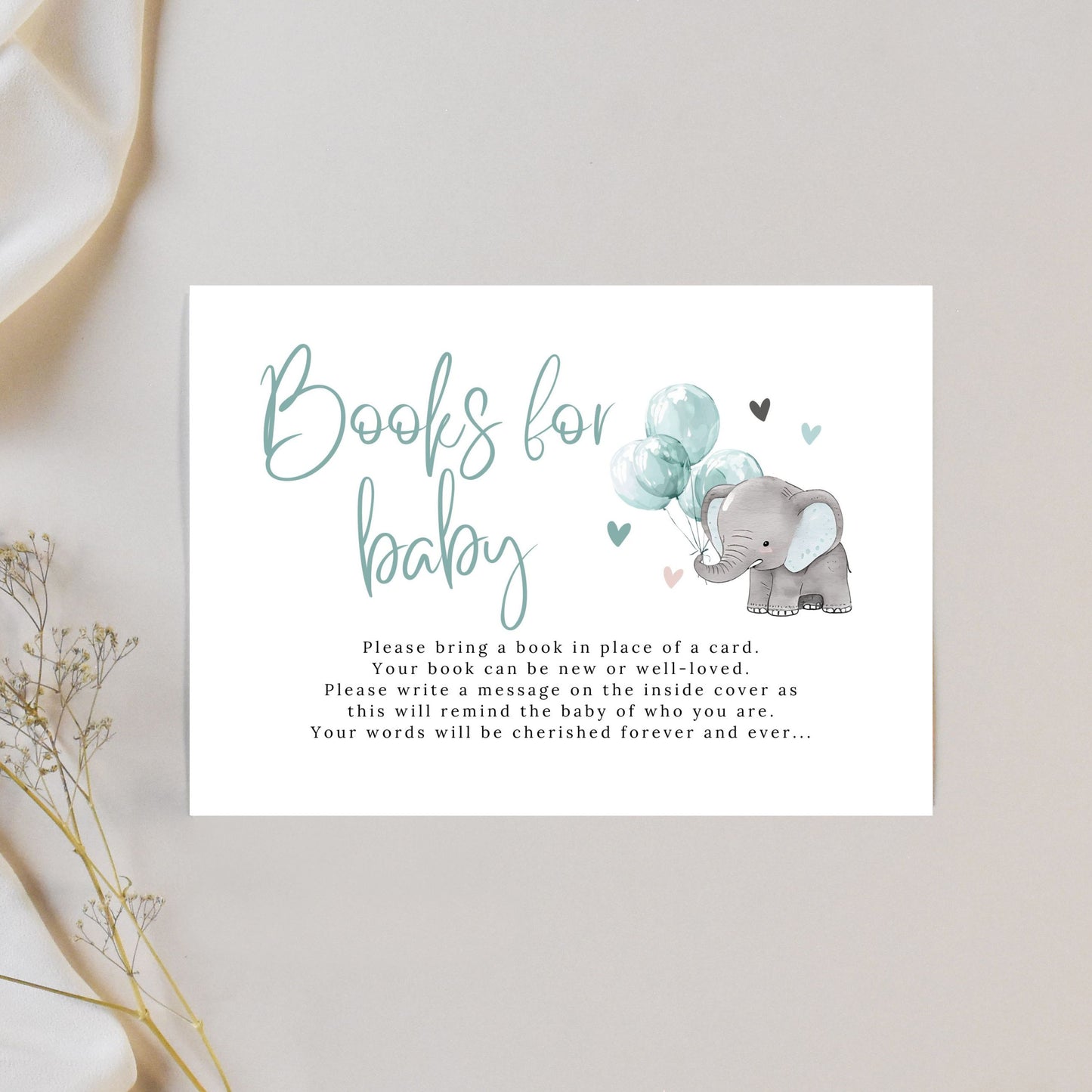 Elephant Baby Shower Books for Baby Insert Card - PeppaTree Designs