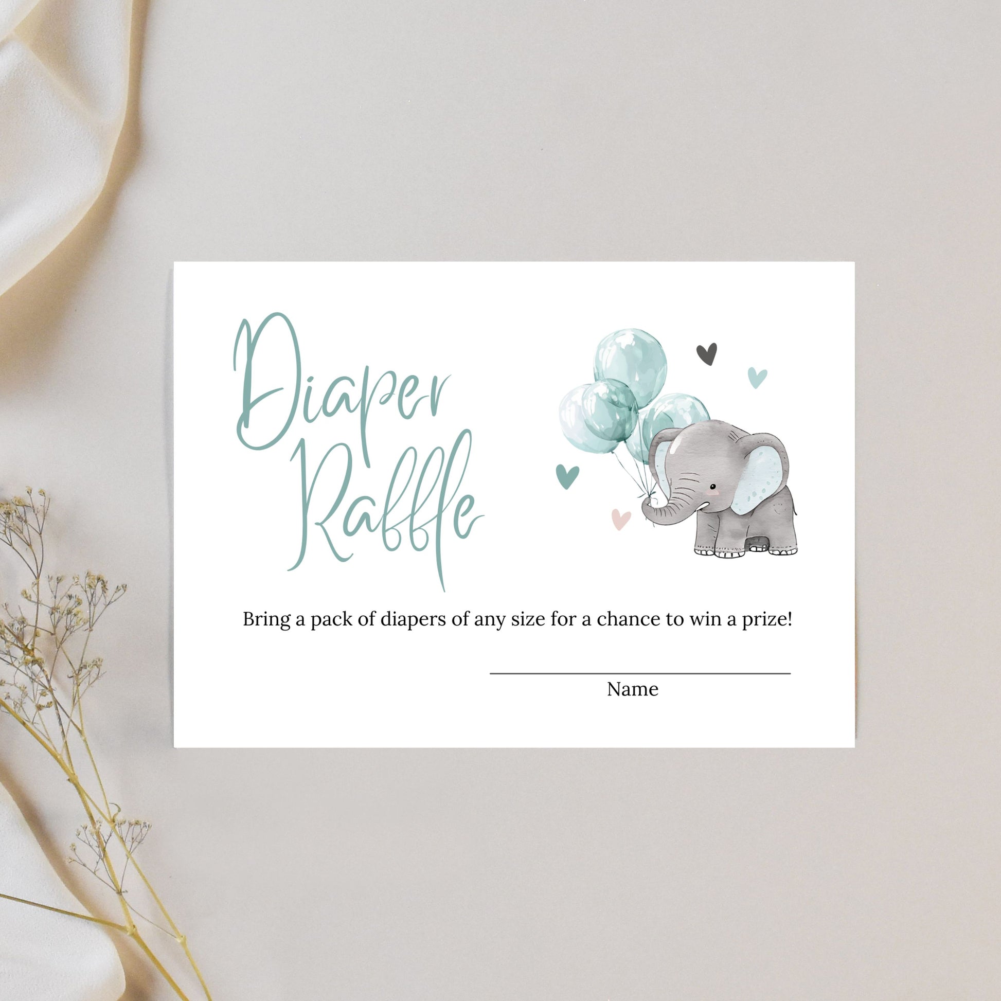 Elephant Baby Shower Diaper Raffle Insert Card - PeppaTree Designs