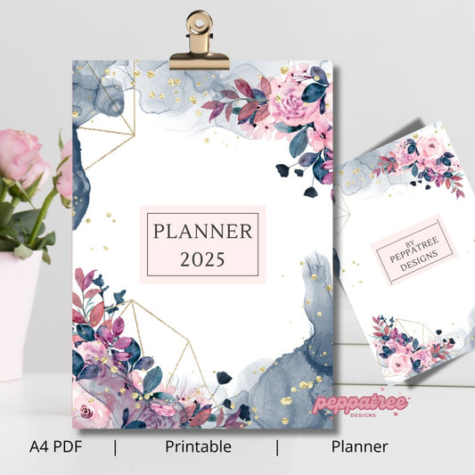2025 Blue Watercolor and Pink Floral Printable A4 Journal Planner Sheets