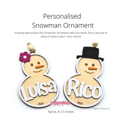 snowman ornaments with top hat and daisy flower personalised Christmas ornament - PeppaTree Designs
