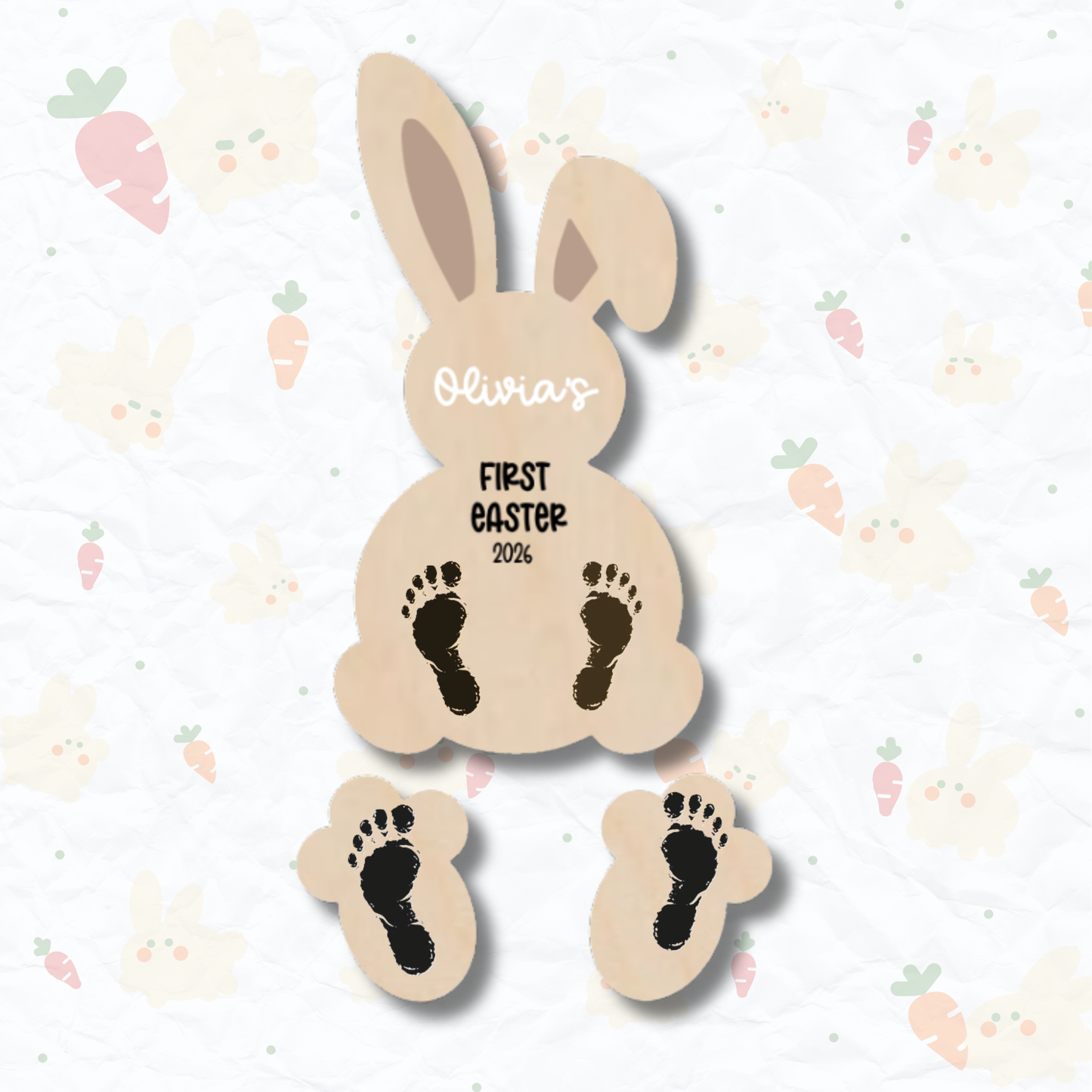 PeppaTree Designs first Easter Bunny footprint plaque with colorful Easter decorations and baby footprints for a keepsake.