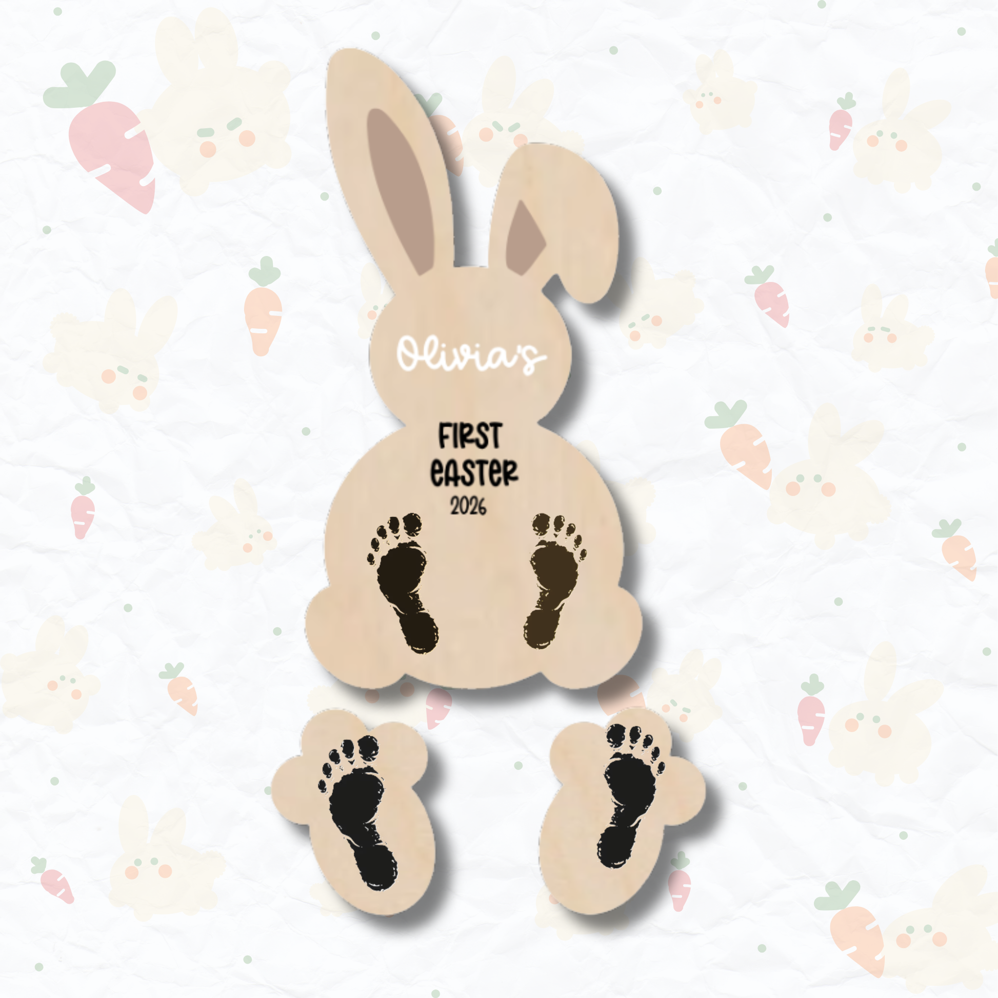 PeppaTree Designs first Easter Bunny footprint plaque with colorful Easter decorations and baby footprints for a keepsake.