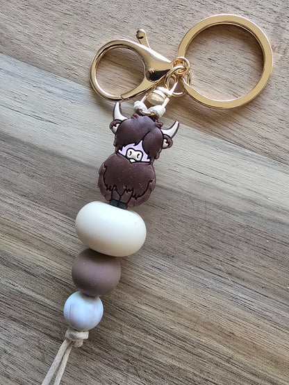 Highland Cow Keyring Silicone Bead - Brown and Brushed Gold Design | Handmade Keyring |  8 Colours