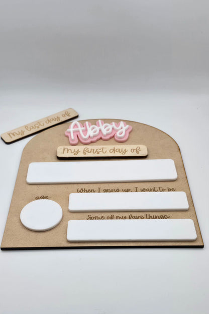 Decorative PeppaTree Designs First Day Board plaque with detailed design, ideal for classroom or nursery decor.