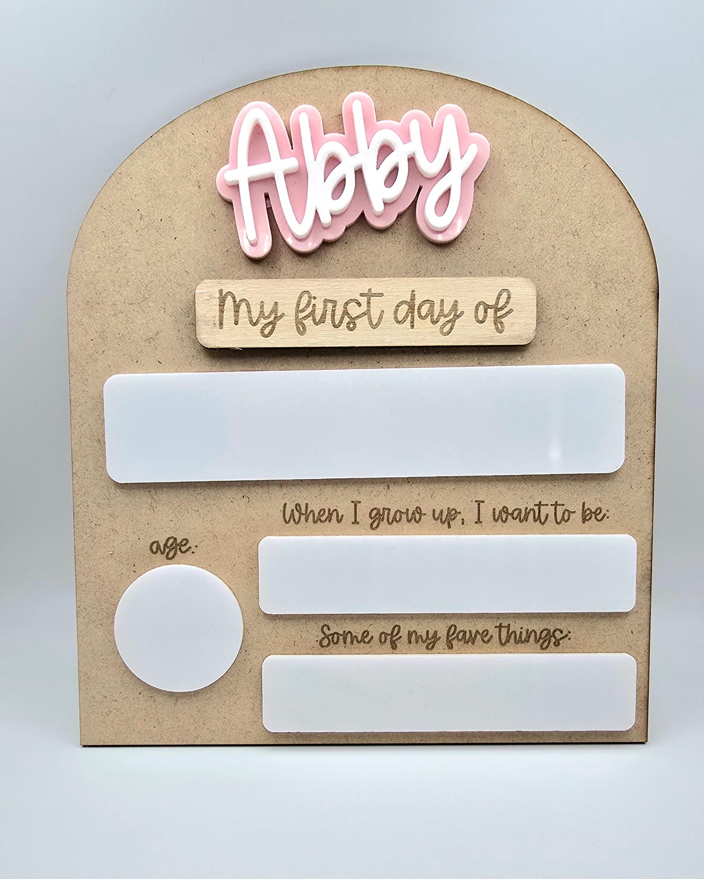 Decorative PeppaTree Designs First Day Board plaque with detailed colorful artwork and engraved lettering for special occasions