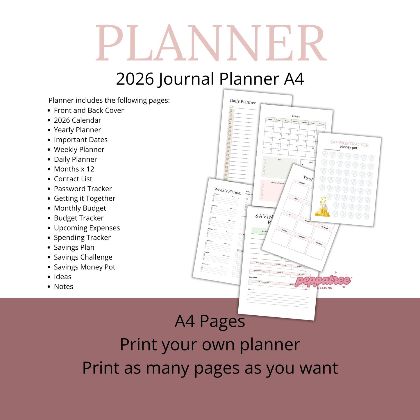 2026 Blue Watercolor Floral Printable A4 Journal Planner