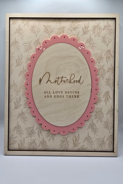Decorative card with pink border and text on a beige background