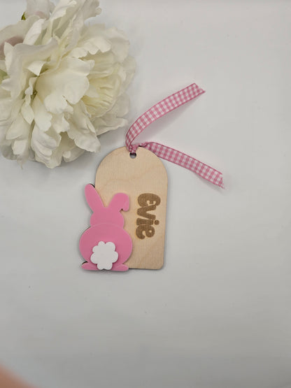 Custom Easter Bunny name tag by PeppaTree Designs featuring a cute bunny and personalized name for Easter celebrations.