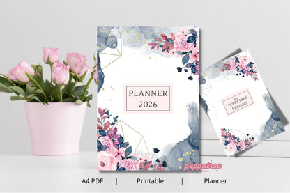 Floral planner for 2026 with a pink flower arrangement on a light gray background