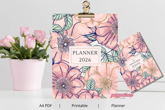 Floral planner for 2026 with a clip on top, next to a potted plant on a light gray background.