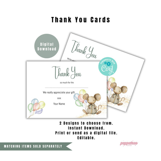 Mouse Watercolour Animal Baby Shower Thank You Card