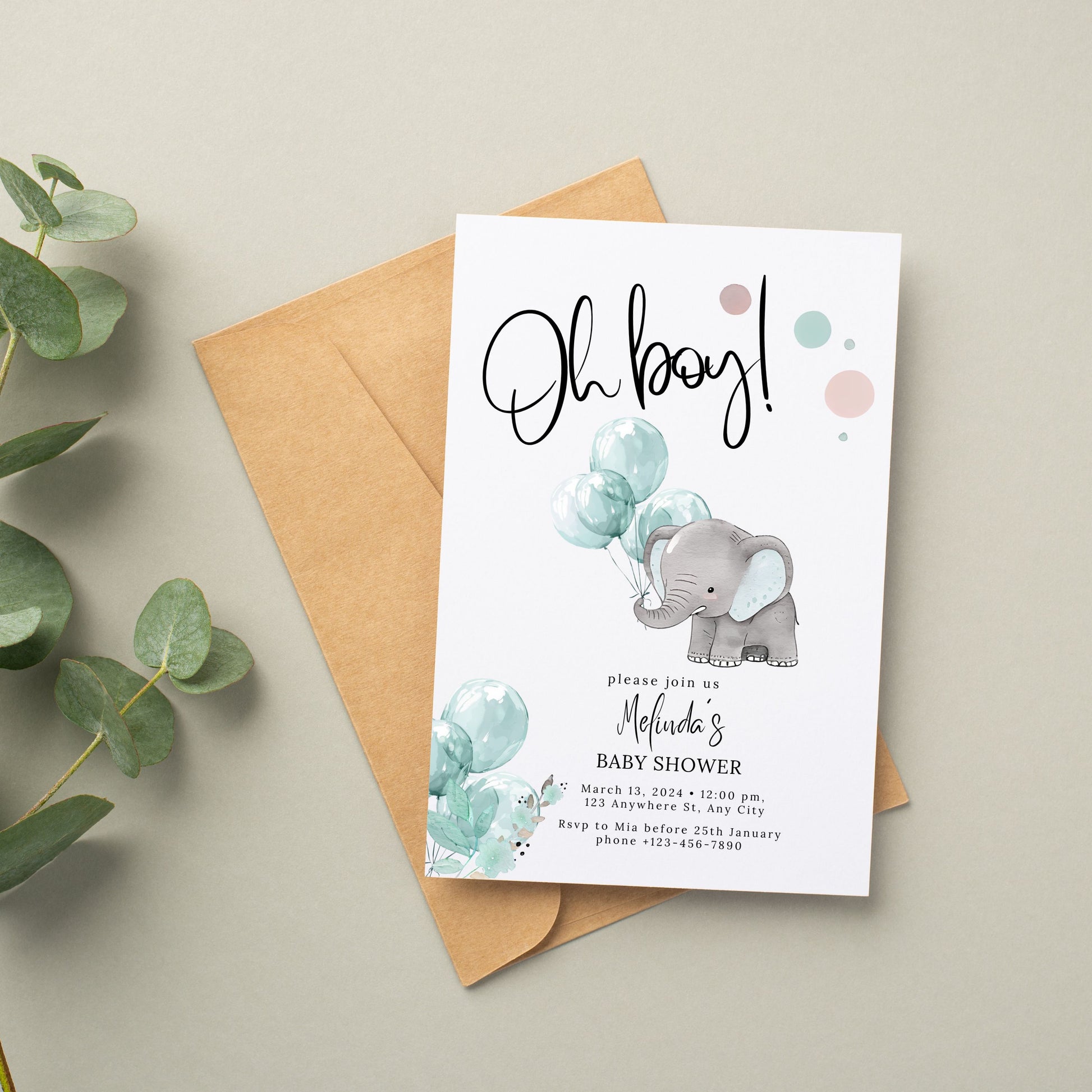 Elephant Oh Boy! Baby Shower Invitation - PeppaTree Designs