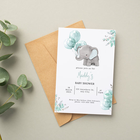 Editable Elephant Boy Baby Shower Invitation - PeppaTree Designs