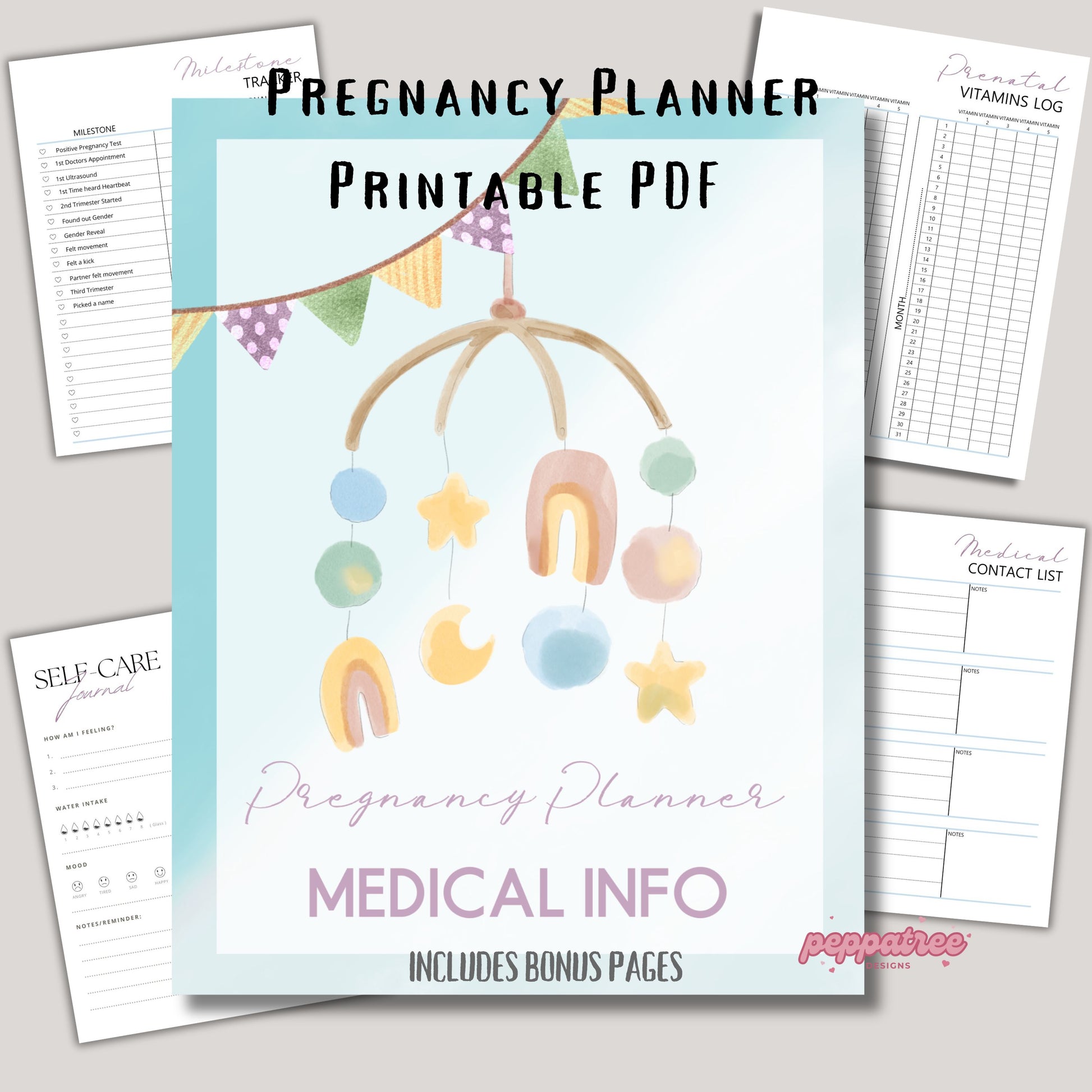 Printable Pregnancy Medical Info Planner | Pregnancy Journal Bundle for the Mom to Be, New and Expecting Parents Organizer, Print Your Own - PeppaTree Designs