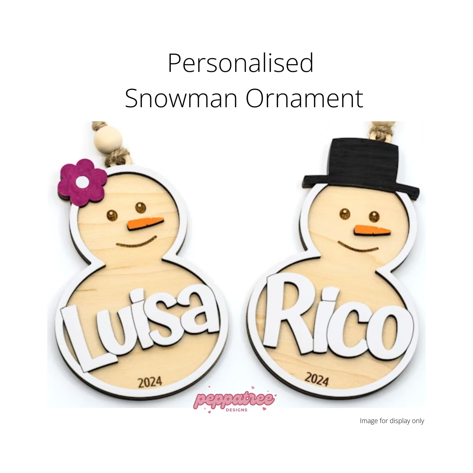 snowman ornaments with top hat and daisy flower personalised Christmas ornament