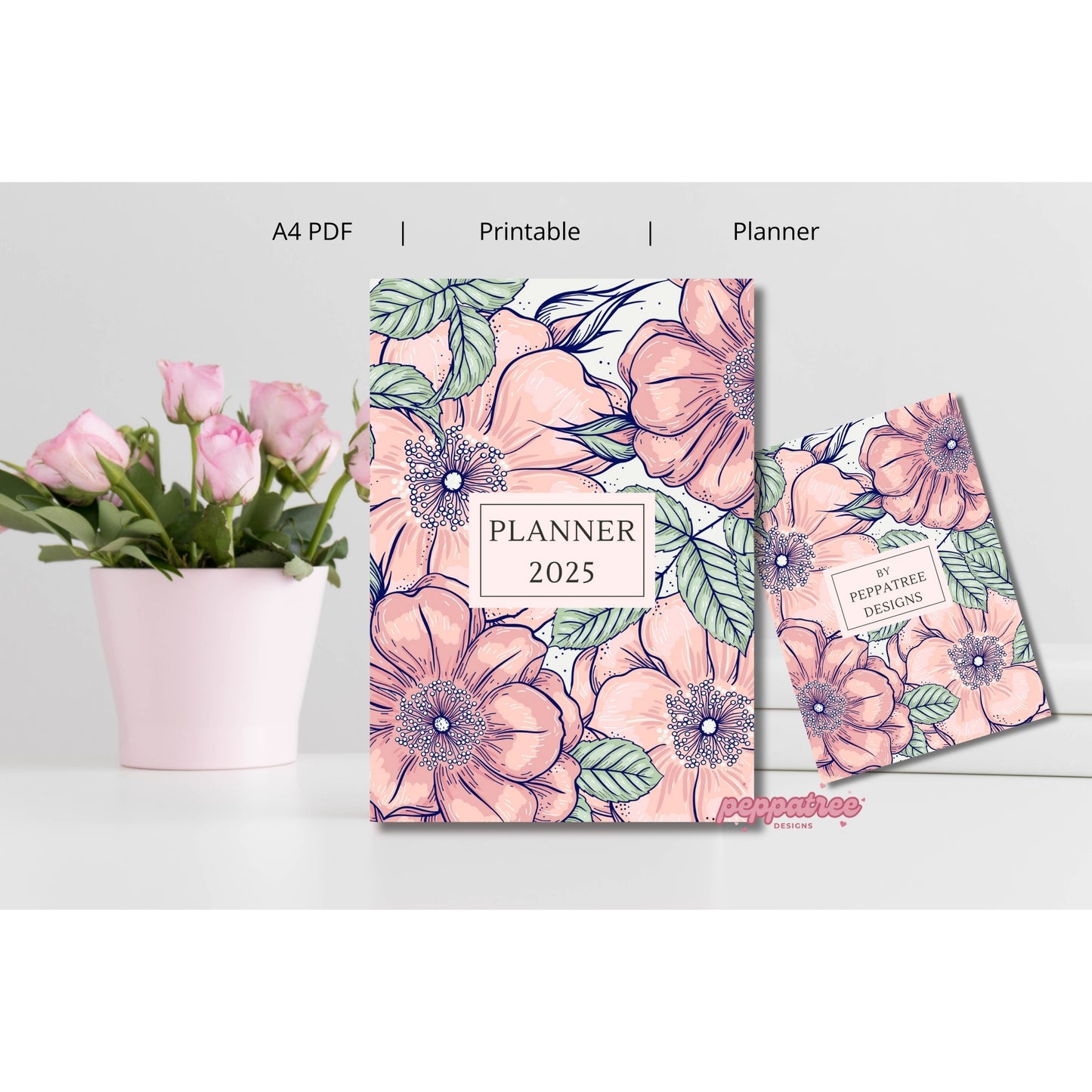 2025 Blue Watercolor Floral Printable A4 Journal Planner - PeppaTree Designs