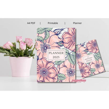 2025 Blue Watercolor Floral Printable A4 Journal Planner - PeppaTree Designs