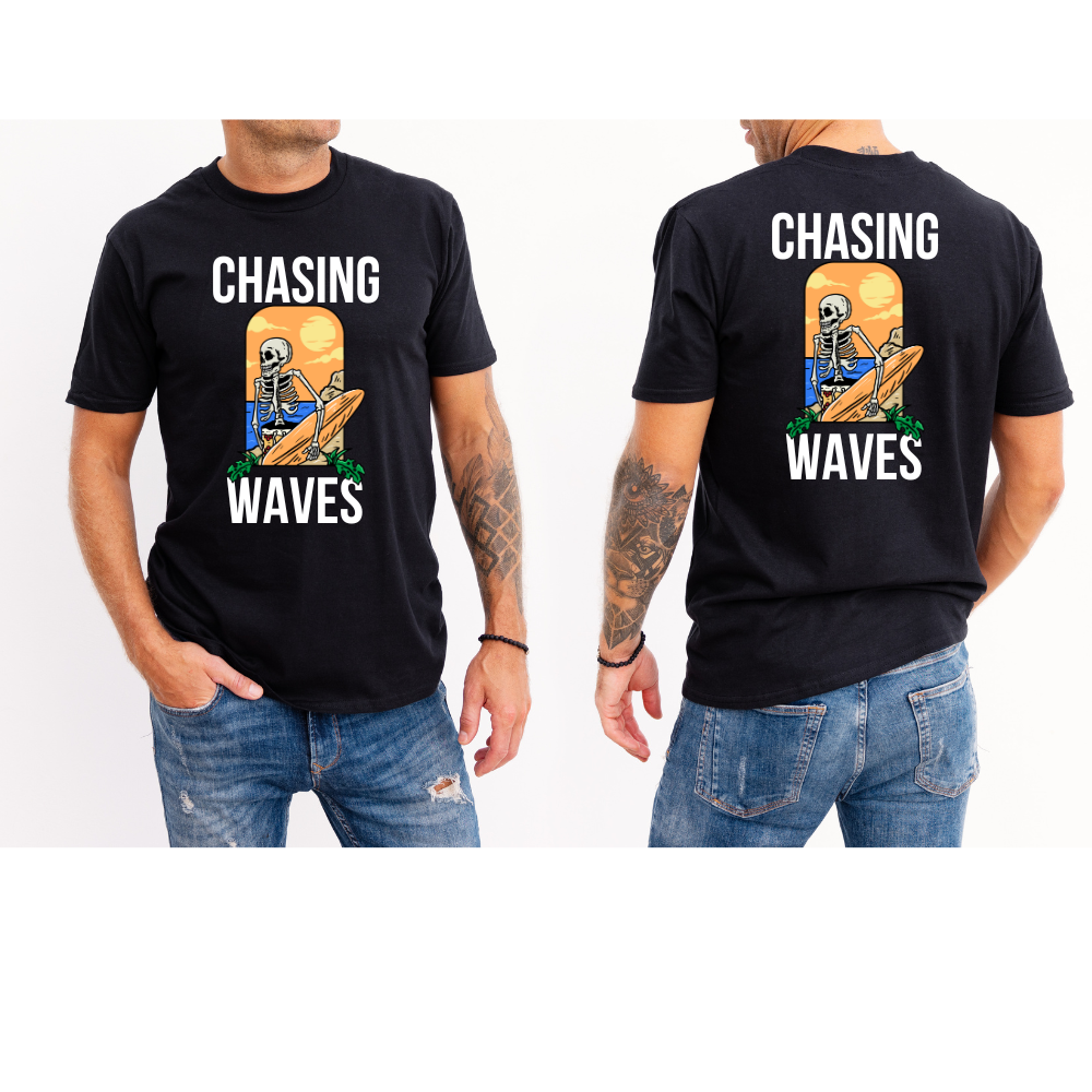 Chasing Waves Summer Skull Surfboard T Shirt - PeppaTree Design Store