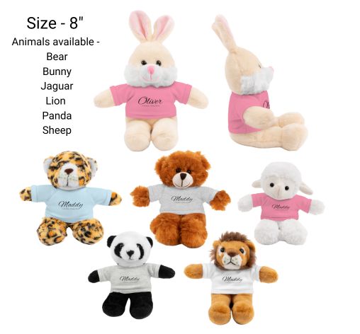 Personalised Plush Animals - Bunny, Lion, Jaguar, Bear, Sheep, Panda - PeppaTree Designs