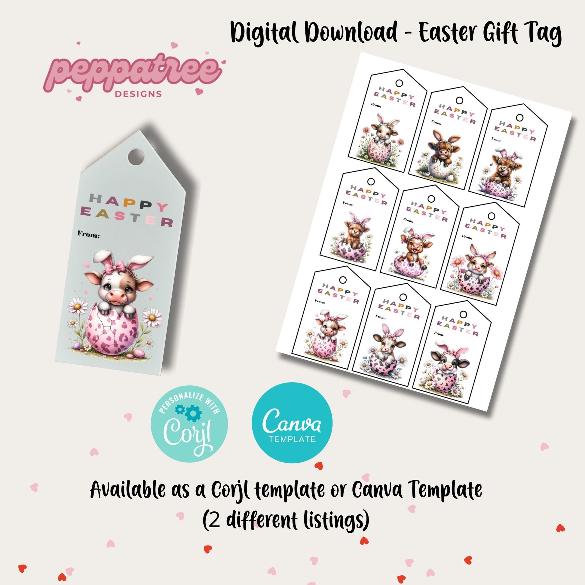 Easter Cow Gift Tags - Set of 9 Tags - PeppaTree Designs