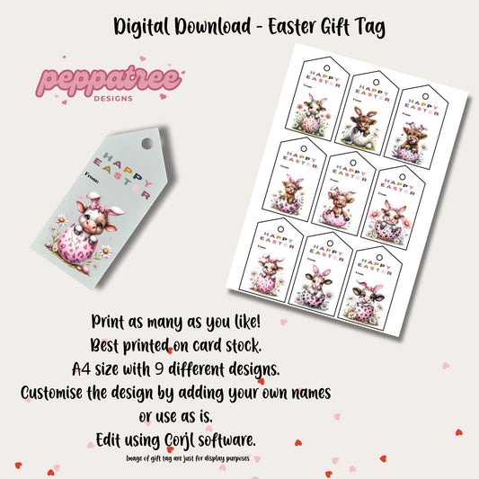 Easter Cow Gift Tags - Set of 9 Tags