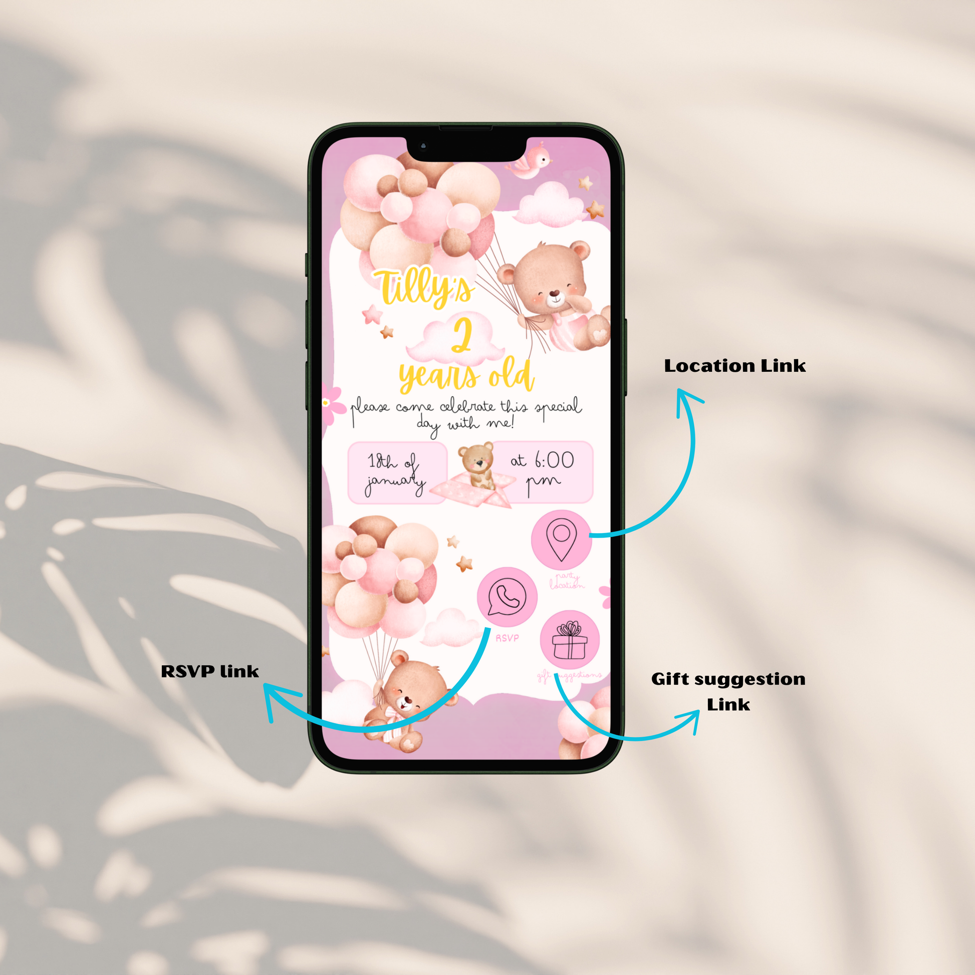 Bear Balloon Interactive Electronic Phone Invitation - PeppaTree Designs