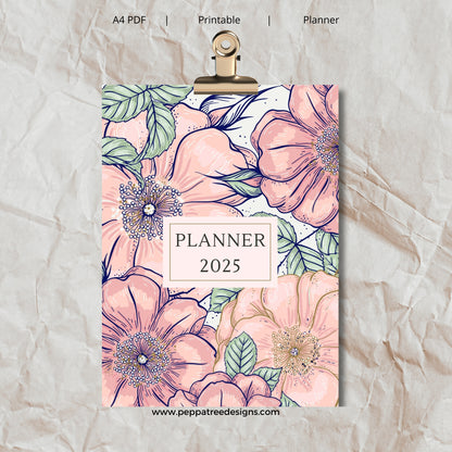 2025 Blue Watercolor Floral Printable A4 Journal Planner - PeppaTree Designs
