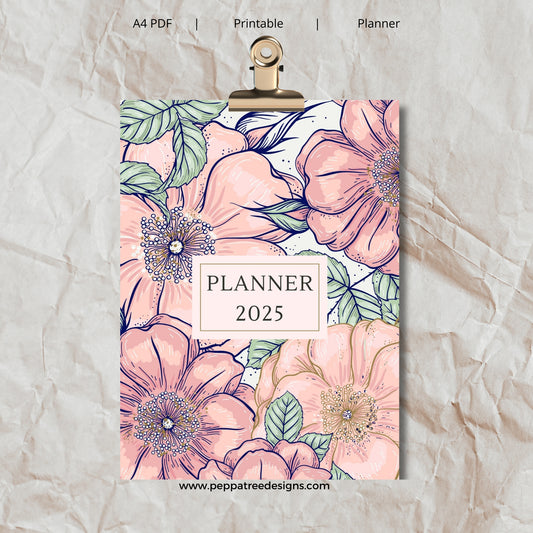 2025 Blue Watercolor Floral Printable A4 Journal Planner - PeppaTree Designs