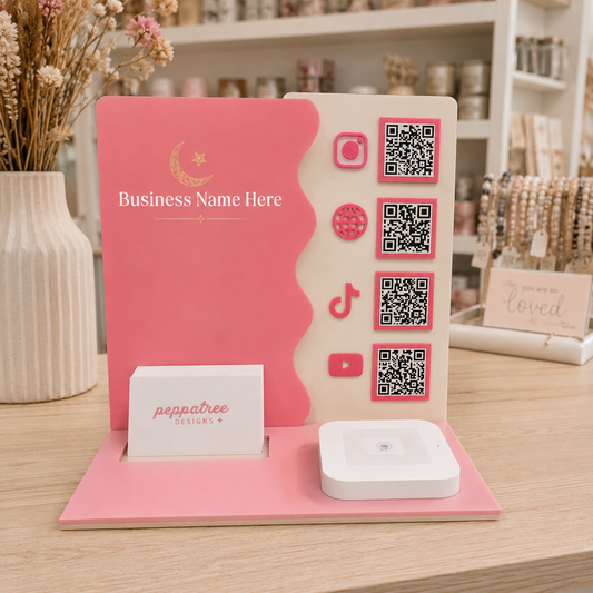 PeppaTree Designs business card holder with four QR code squares for quick digital sharing and easy card organization.