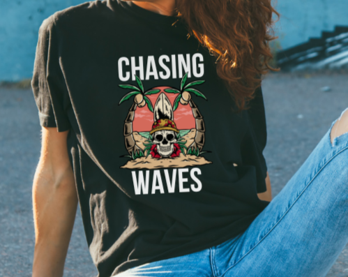 Chasing Waves Skull Palmtrees DTF Transfer by PeppaTree Designs featuring a skull, waves, and palm trees for textile printing.
