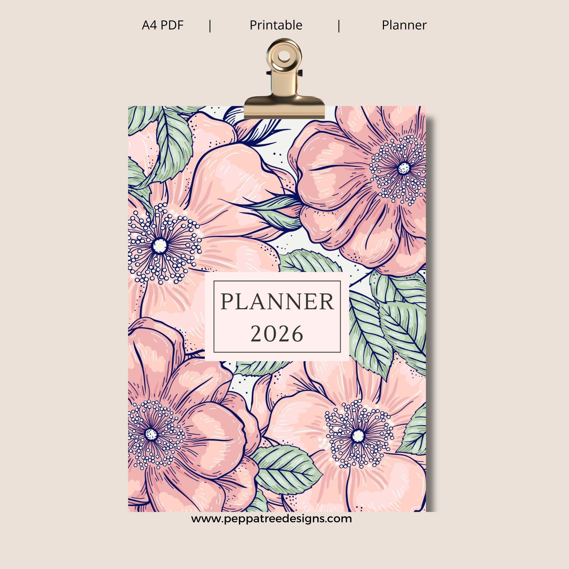 Floral planner cover with 'Planner 2026' text on a beige background
