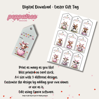 Easter Cow Gift Tags - Set of 9 Easter Tags