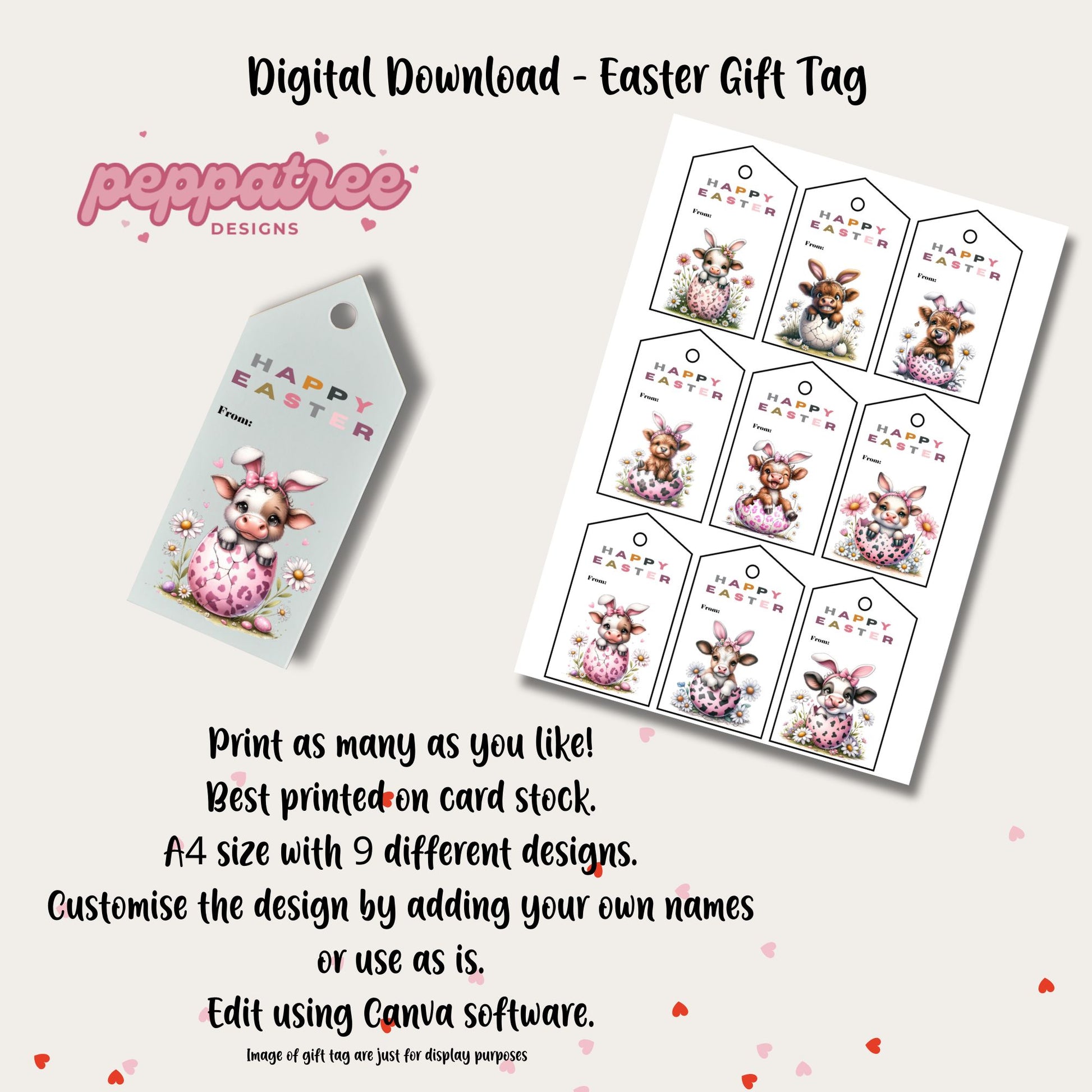 Easter Cow Gift Tags - Set of 9 Easter Tags - PeppaTree Designs