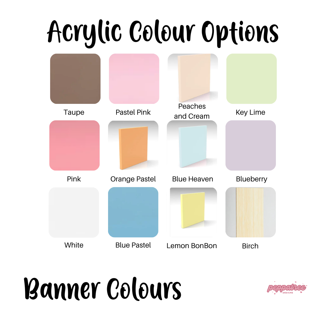 Color options for PeppaTree Designs' custom wooden "Name’s Bakery" kids' playroom sign with acrylic mockup showing various colors.