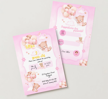 Teddy Bear and Balloons Birthday Party Invitation - PeppaTree Designs