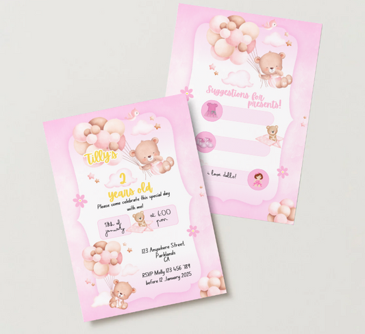 Teddy Bear and Balloons Birthday Party Invitation - PeppaTree Designs